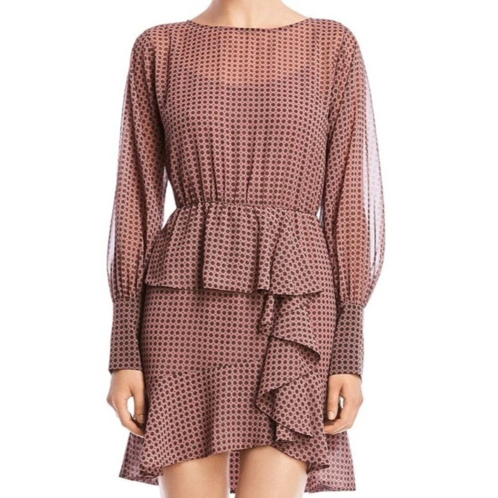 Bailey 44 Dress Size 10 NWT Medallion Print Ruffle Sheer Long Bishop Sleeve Line